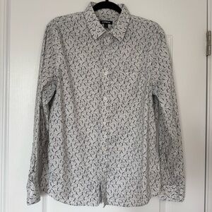 Express Slim Stretch White Long Sleeve Dress Shirt with Black Micro Pattern